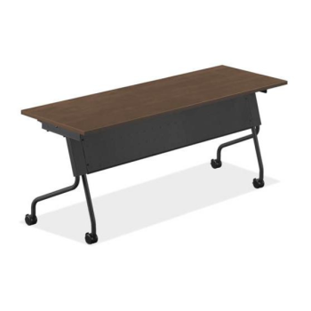 modern walnut table with black legs and metal back on wheels